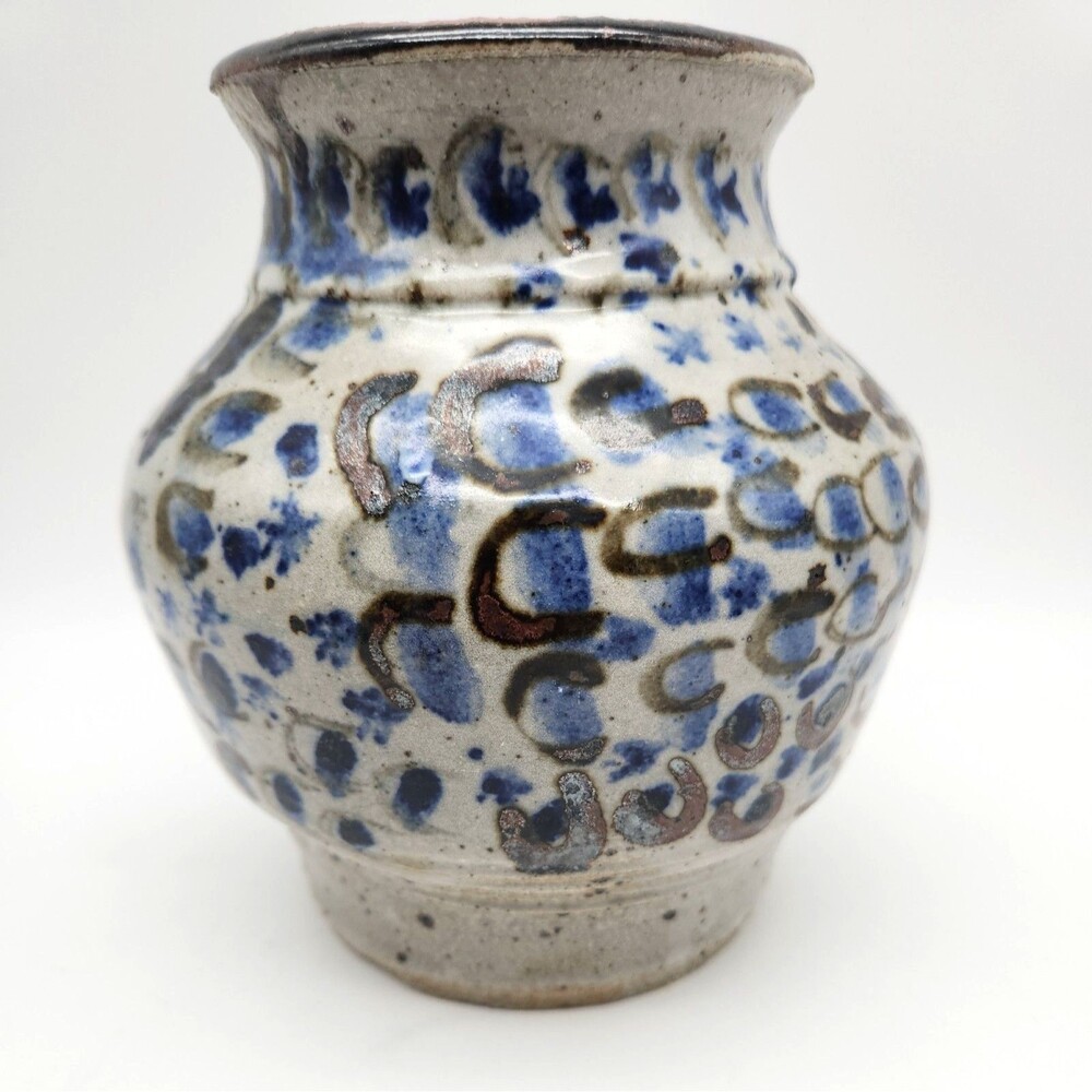 Vintage Mid Century Stoneware Bud Vase Japanese Studio Pottery Blue Dotted MCM